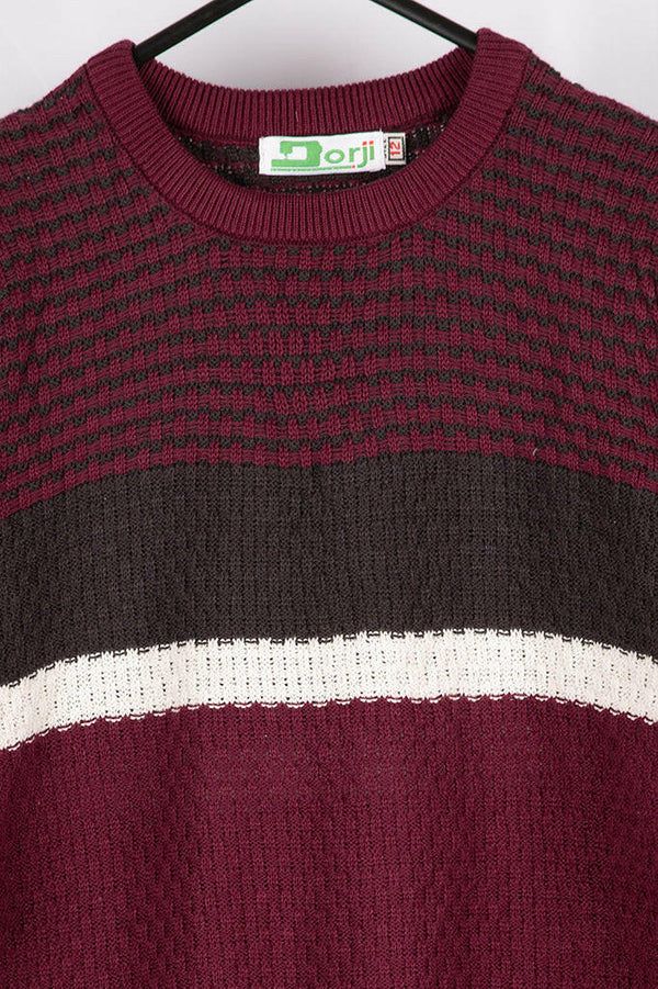 Boy's Crew neck casual fit full sleeve basket knitted jumper in Burgundy with B&W colour.