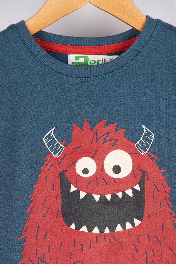 Boy's Crew neck casual fit full sleeve Red Monster jumper in Blue.