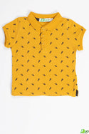 Boy's short sleeve slim fit polo with bird beak design in mustard yellow.