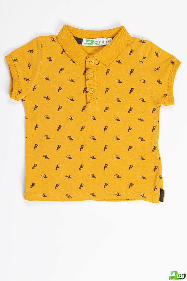 Boy's short sleeve slim fit polo with bird beak design in mustard yellow.