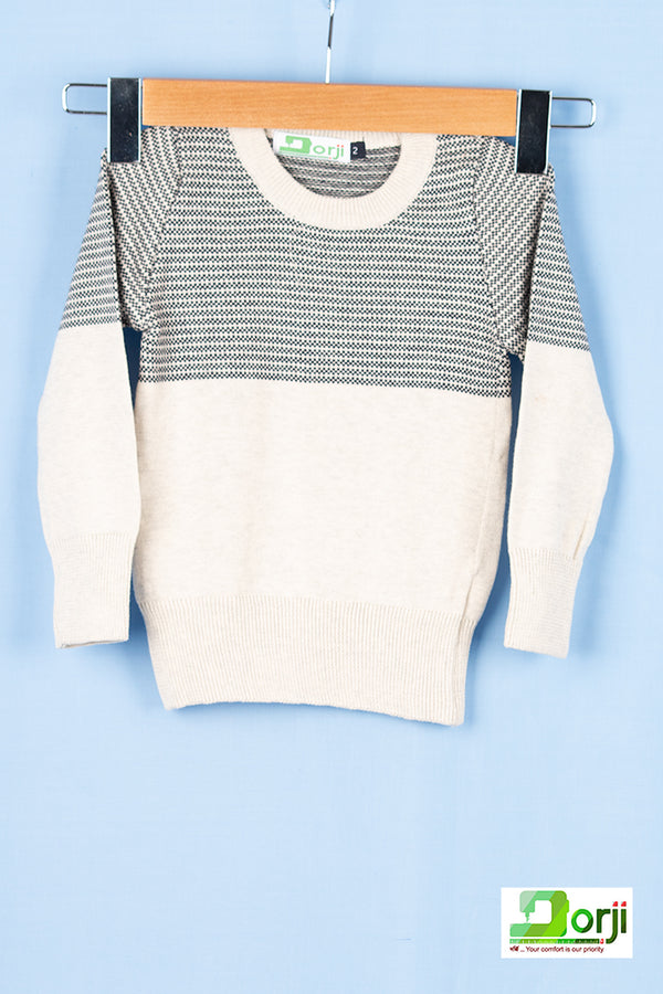 Boys full sleeve round neck in Half Black net design on Off White sweater.