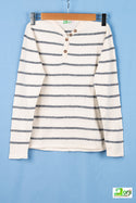 Boys full sleeve V neck T-shirt with buttons in blue and white stripes.