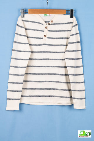 Boys full sleeve V neck T-shirt with buttons in blue and white stripes.