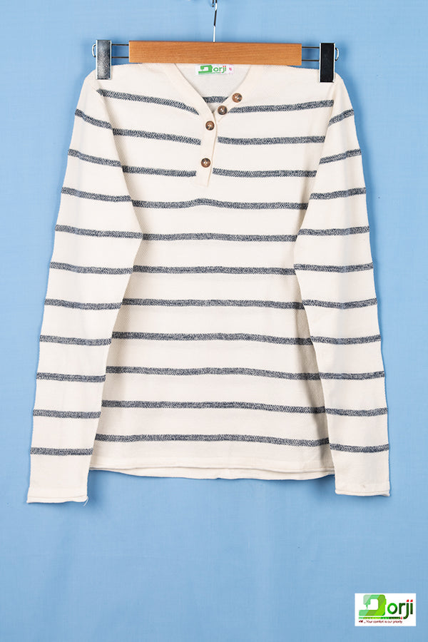 Boys full sleeve V neck T-shirt with buttons in blue and white stripes.
