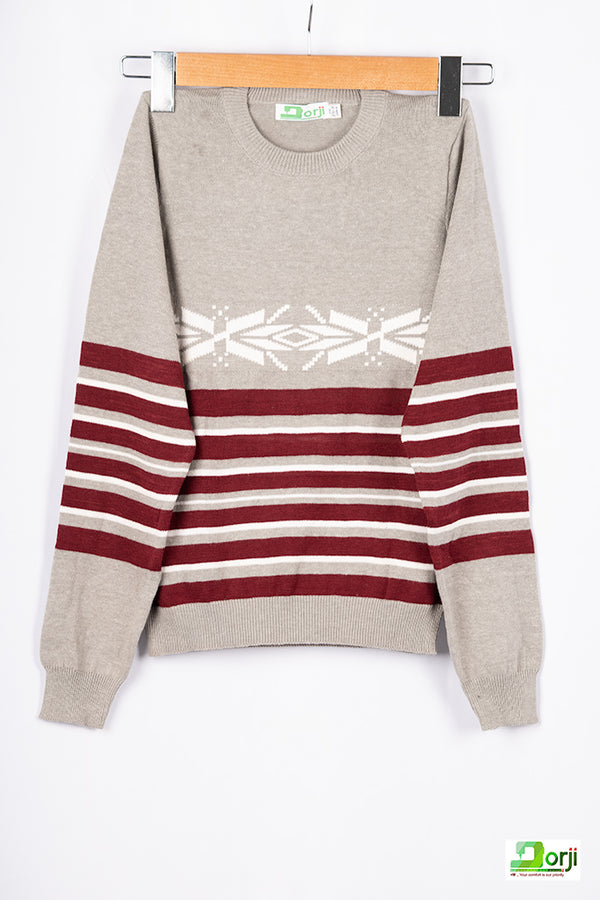 Boys full sleeve round neck in Ash Maroon stripes 100% cotton light knit sweater.