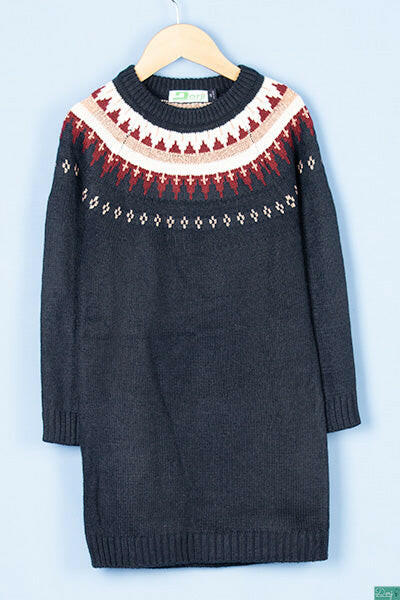 Girl's full sleeve crew neck design slim fit long sweater top in Navy.