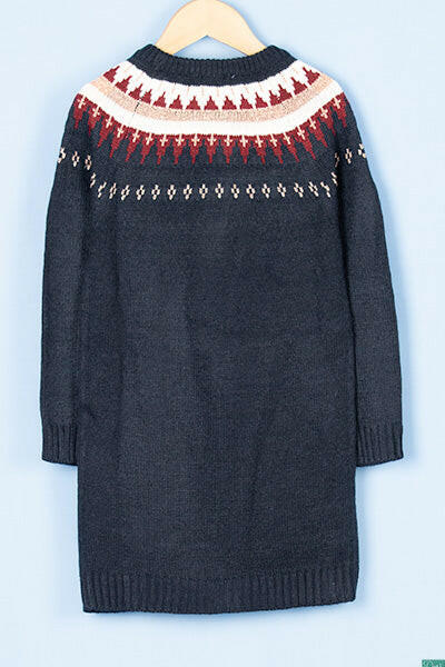 Girl's full sleeve crew neck design slim fit long sweater top in Navy.