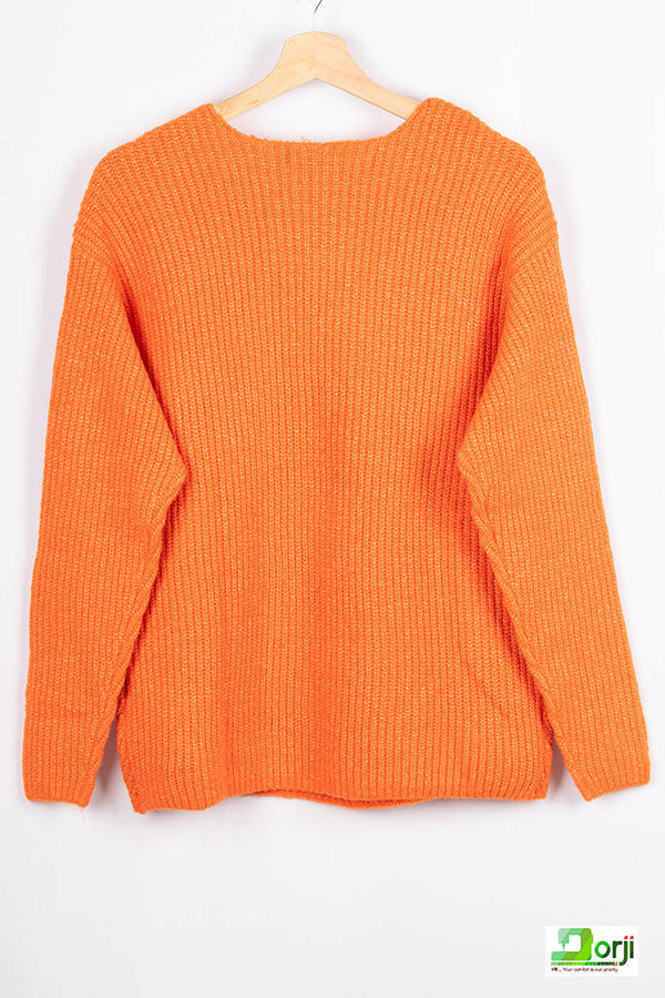 Ladies full sleeve V neck loose fit winter pullover.