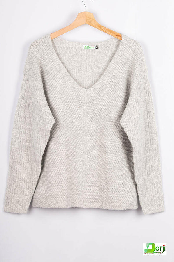 Ladies full sleeve V neck loose fit winter pullover.