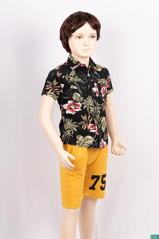 Boy’s half sleeve slim fit Shirt in Dark Rose Pink & white floral print on black with 2 chest pockets.