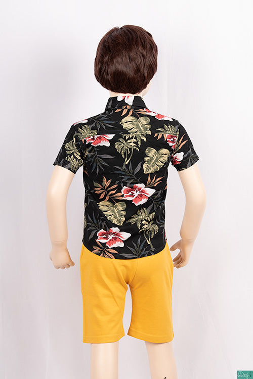 Boy’s half sleeve slim fit Shirt in Dark Rose Pink & white floral print on black with 2 chest pockets.