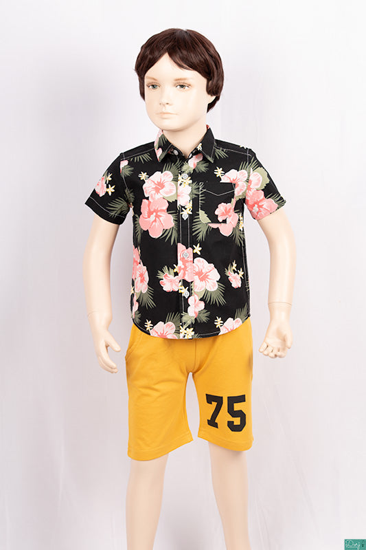 Boy’s half sleeve slim fit Shirts with Pink floral print on black.