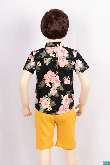 Boy’s half sleeve slim fit Shirts with Pink floral print on black.
