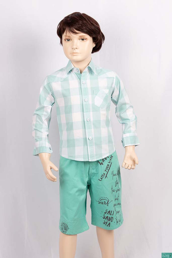 Boys full sleeve slim fit Shirts with mint green & white large check. 