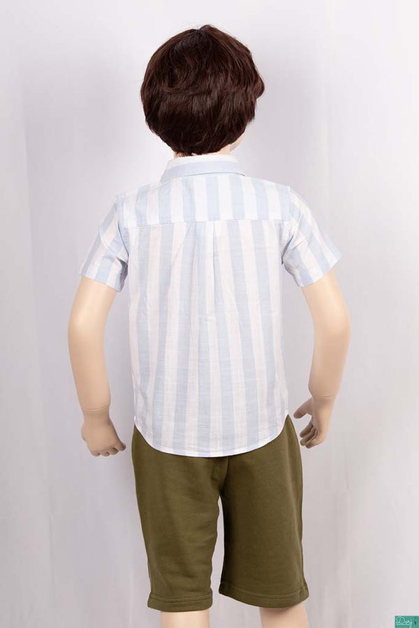 Boy’s half sleeve slim fit Shirts on sky blue & white large stripe with pocket. 
