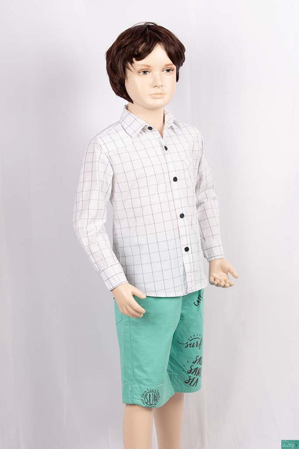 Boys full sleeve slim fit Shirt with pastel green check on white.