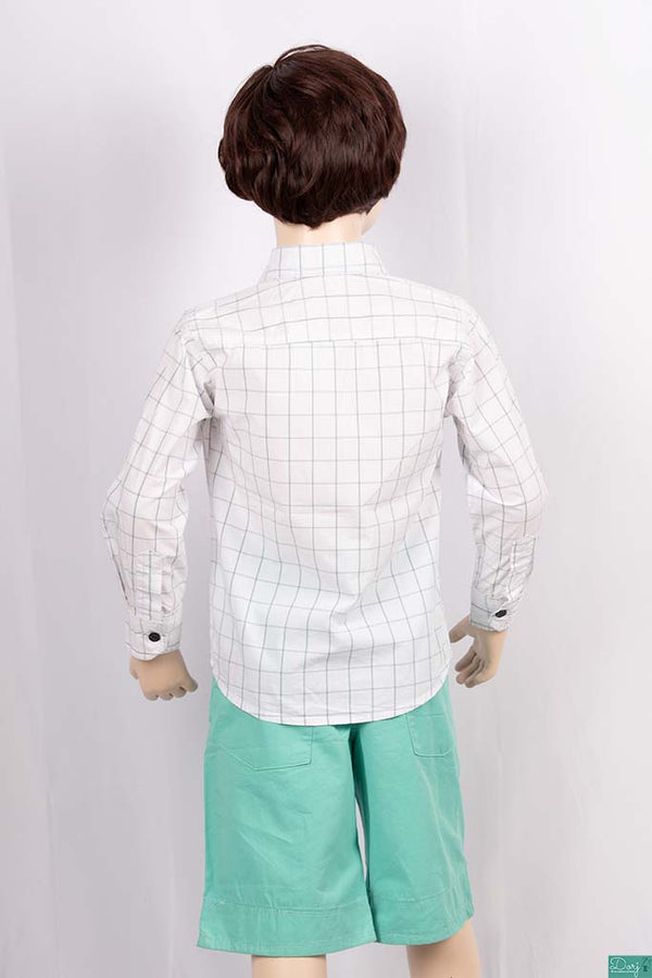Boys full sleeve slim fit Shirt with pastel green check on white.