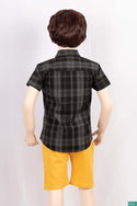 Boy’s half sleeve slim fit Shirt on charcoal & Black check with pockets.