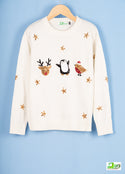 Full sleeve loose fit round neck Girl's sweater in White colour. 