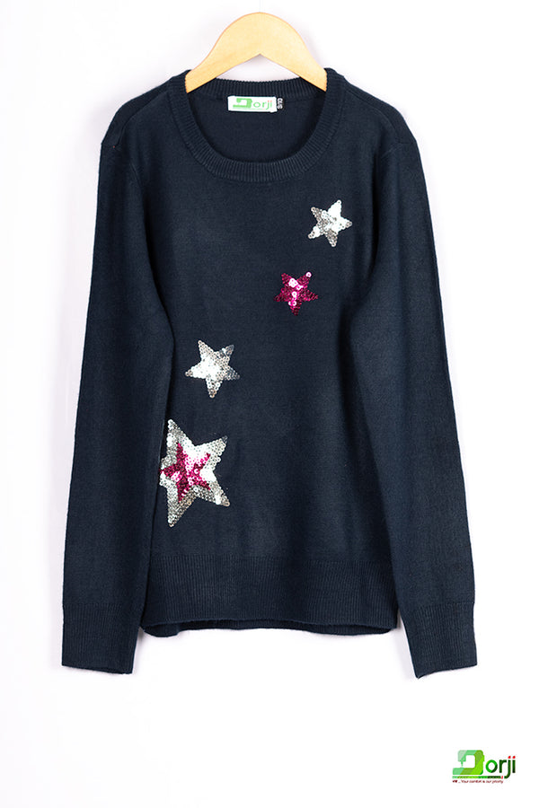 Girl's round neck soft knit sweater in Navy Blue.