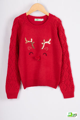 Girl's round neck soft knit sweater in Red.
