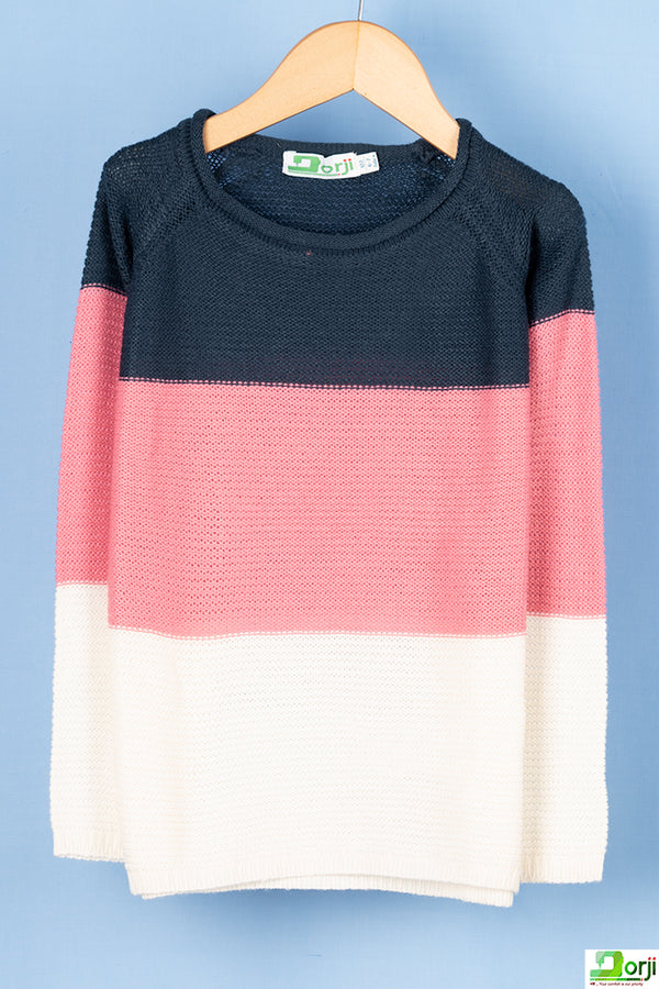 Girl's full sleeve casual fit crew neck 3 shades sweater in Pink White & Blue.