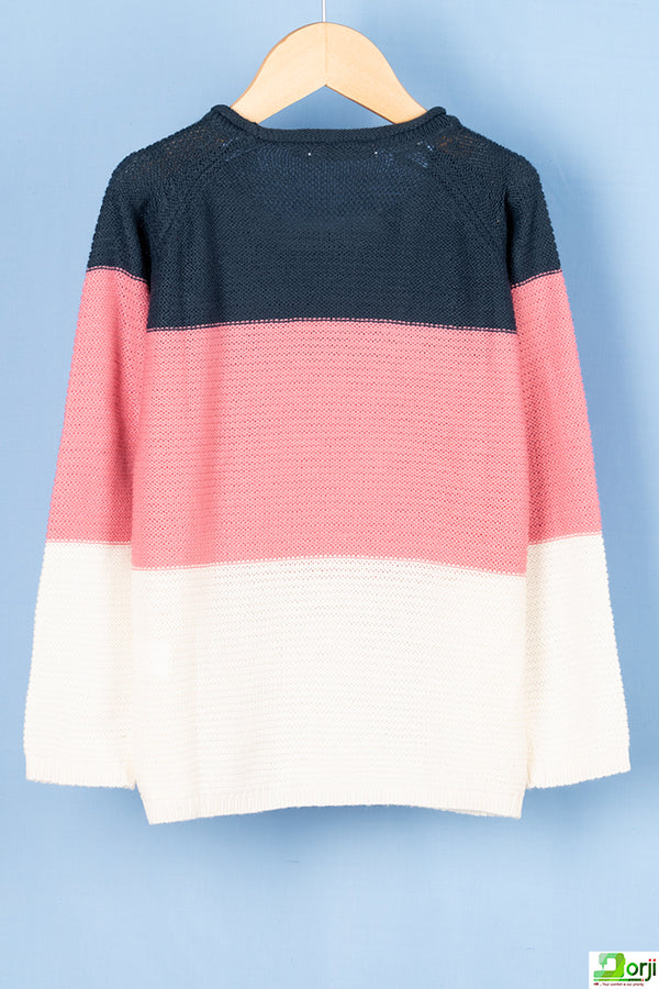 Girl's full sleeve casual fit crew neck 3 shades sweater in Pink White & Blue.