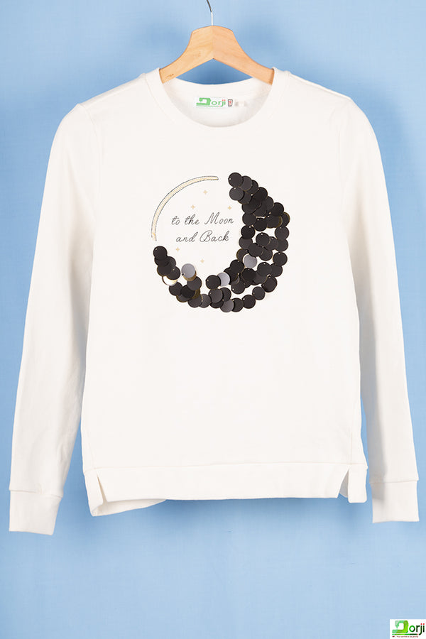 Girl's crew neck full sleeve jumper in White with a cute moon design on chest.