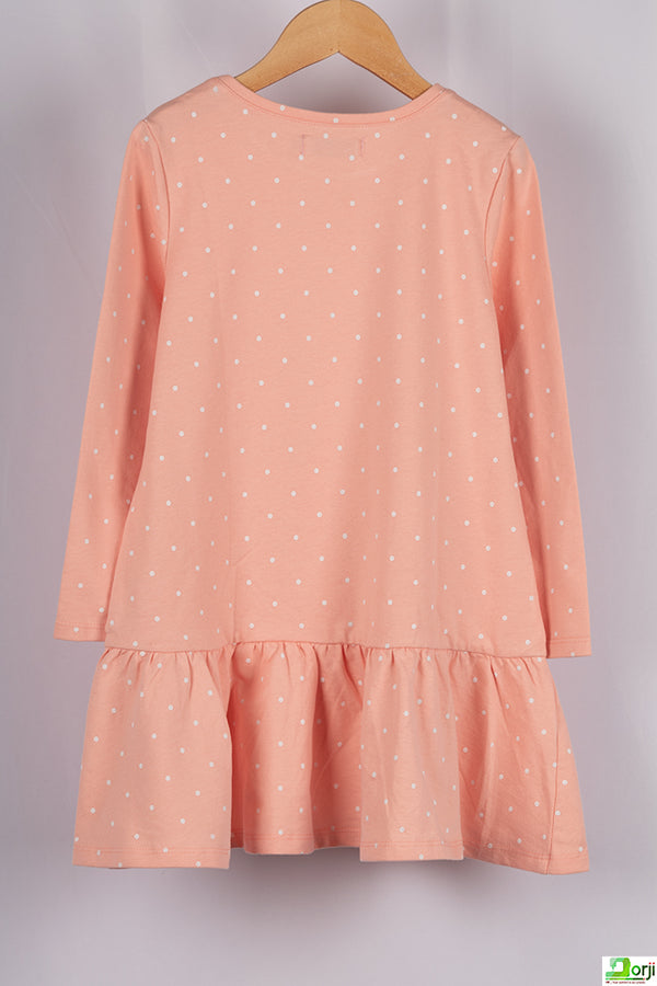 Girl's full sleeve kitty dress in Pastel Baby Pink.