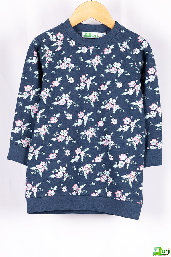 Girl's crew neck casual fit 3/4 sleeve pinkish floral jumper in Navy Blue.