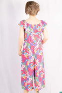 Girl’s colourful floral soft off shoulder sleeveless jumpsuit on Pink with a Stretchable waist and elastane body. 