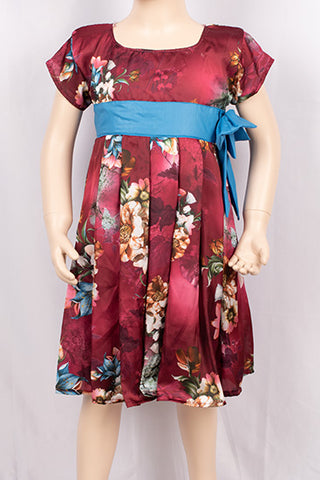 Girls short sleeve silk frock dresses with a cute bow with belt.