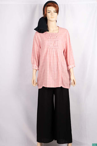 Ladies pleated square neck design full sleeve loose fit tops in Pastel Pink.