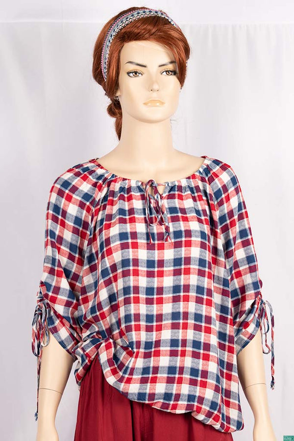 Ladies pintuck tie neck design 3/4 sleeve casual fit baggy tops in Various check colours.