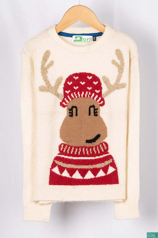 Boys full sleeve crew neck knit sweater in Off white with red cap reindeer.