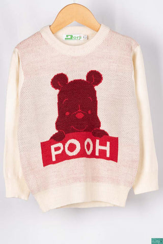 Girl’s full sleeve crew neck knit sweater in Off white with red Pooh.
