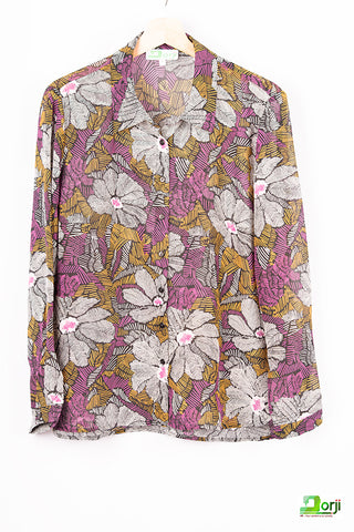 Black Purple Ash Floral loose fit full sleeve ladies shirt with pockets.