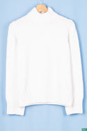 Ladies full sleeve casual fit round neck knitwear in White.