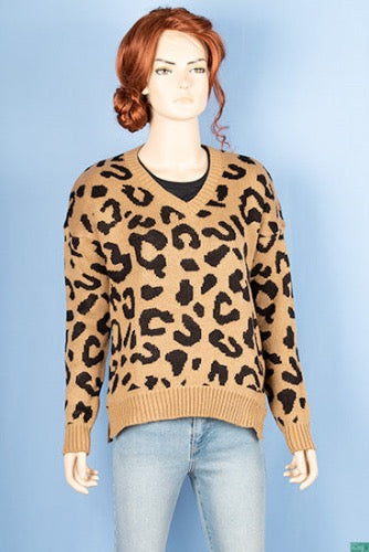 Ladies full sleeve V neck Casual fit sweater with side splits in Black Leopard Print on Biscuit colour. 