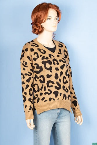 Ladies full sleeve V neck Casual fit sweater with side splits in Black Leopard Print on Biscuit colour. 