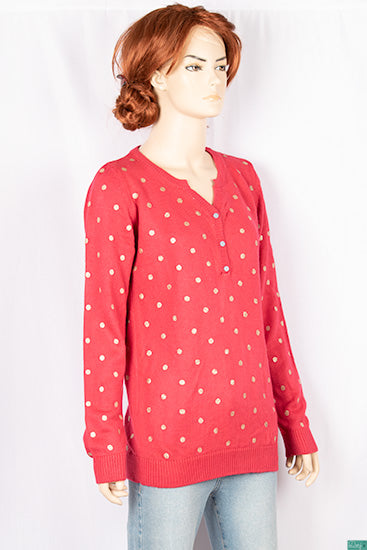 Ladies full sleeve casual fit round collar with v placket neck polka dot sweaters.