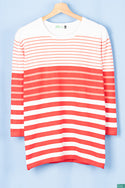 Ladies 3/4 sleeve round neck casual fit striped sweater. 