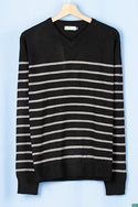 Ladies full sleeve V neck casual fit Ash striped sweater on black. 