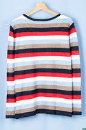 Ladies full sleeve round neck casual fit multi colours striped sweater. 
