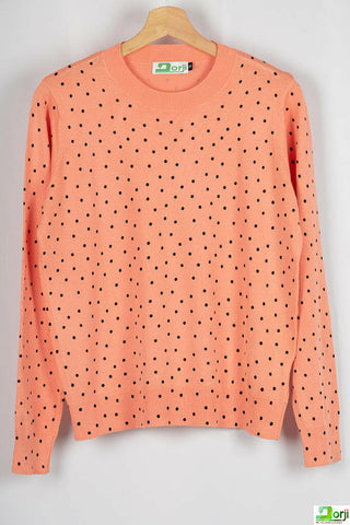 Ladies Round neck Casual fit Black Polka Dot Knitwear in Peachy Orange. 