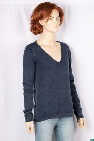 Ladies full sleeve casual fit with a beautiful back net design V neck knitwear in Charcoal.
