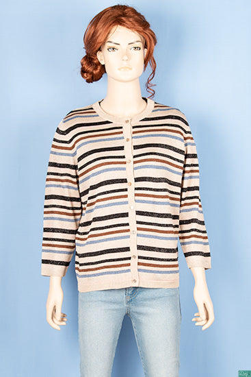 Ladies Crew neck full sleeve, soft silk glittery Cardigan in black, blue and coffee stripes on brown with nice button. 