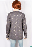 Ladies Crew neck full sleeve golden polka dot soft long Cardigan with front pockets.