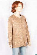 Ladies Crew neck full sleeve golden polka dot soft long Cardigan with front pockets.