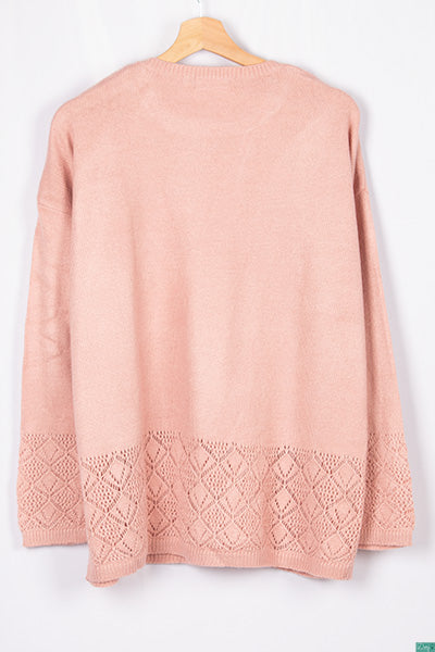 Ladies net design in sleeve & bottom casual fit round neck with shoulder button soft light knitwear in Pastel Pink.